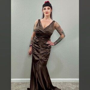 90s Dark Brown Bodycon Mermaid Dress Pinup Vintage Satin Xscape Formal Maxi 12